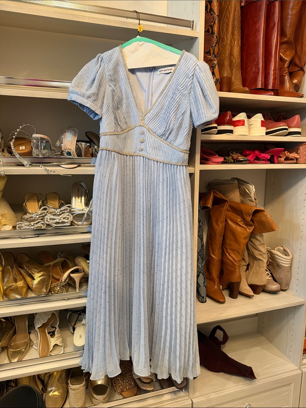Self-Portrait Pale Blue Embellished V-Neck Midi Dress